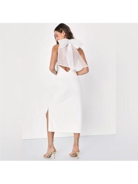 Lulu's White Midi Dress with Sheer Bow Back